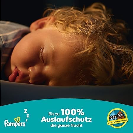 Pampers – schlafendes Kind und Hinweis auf nächtlichen Auslaufschutz
