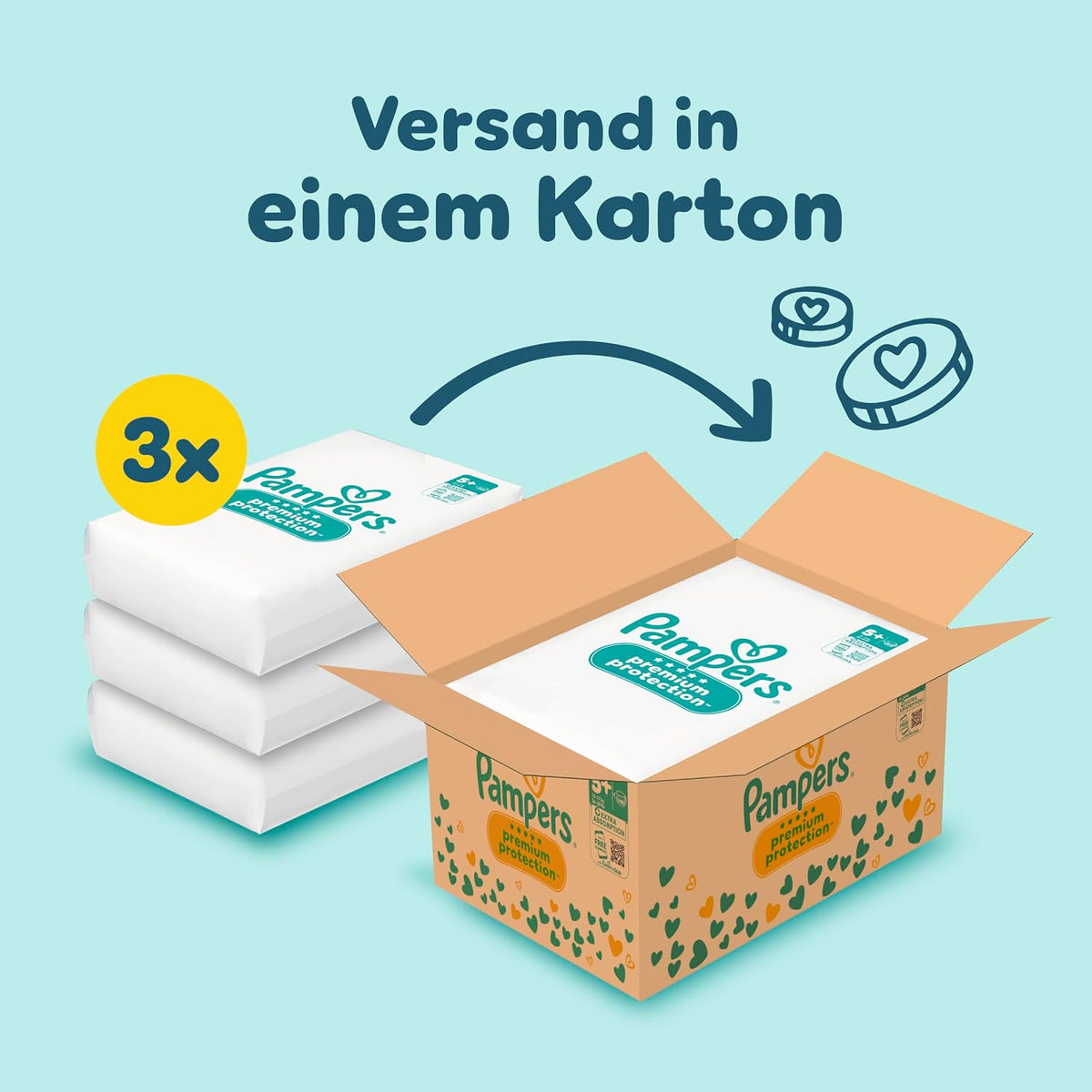 Pampers Premium Protection, Größe 5+, 180 Stück – Innenpackungen und Versandkarton