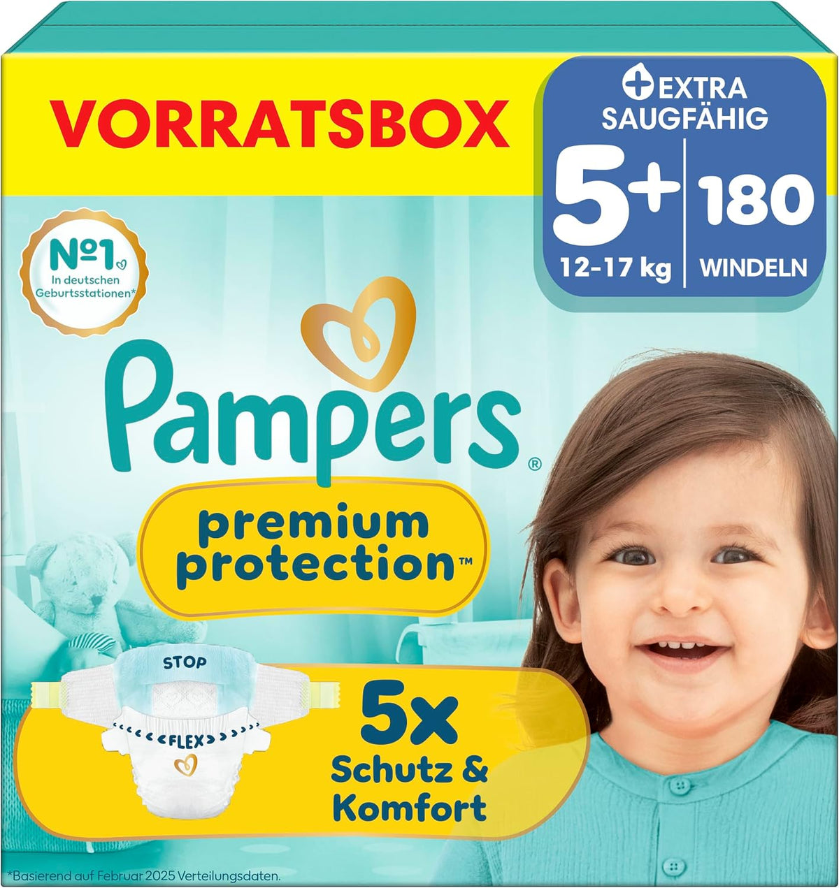 Pampers Premium Protection, Größe 5+, 180 Stück – Produktverpackung