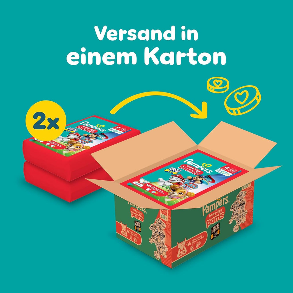 Pampers Baby-Dry Pants Paw Patrol, Größe 4, 180 Stück – Innenpackungen und Versandkarton